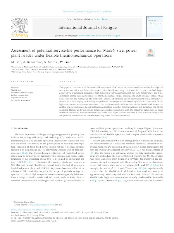 Assessment of potential service-life performance for MarBN steel power plant header under flexible thermomechanical operations Thumbnail