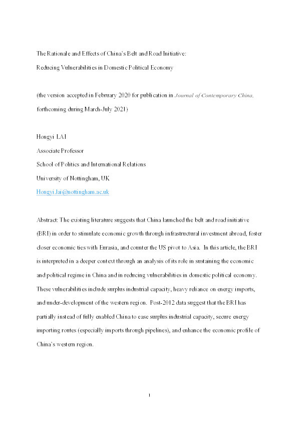 The Rationale and Effects of China’s Belt and Road Initiative: Reducing Vulnerabilities in Domestic Political Economy Thumbnail