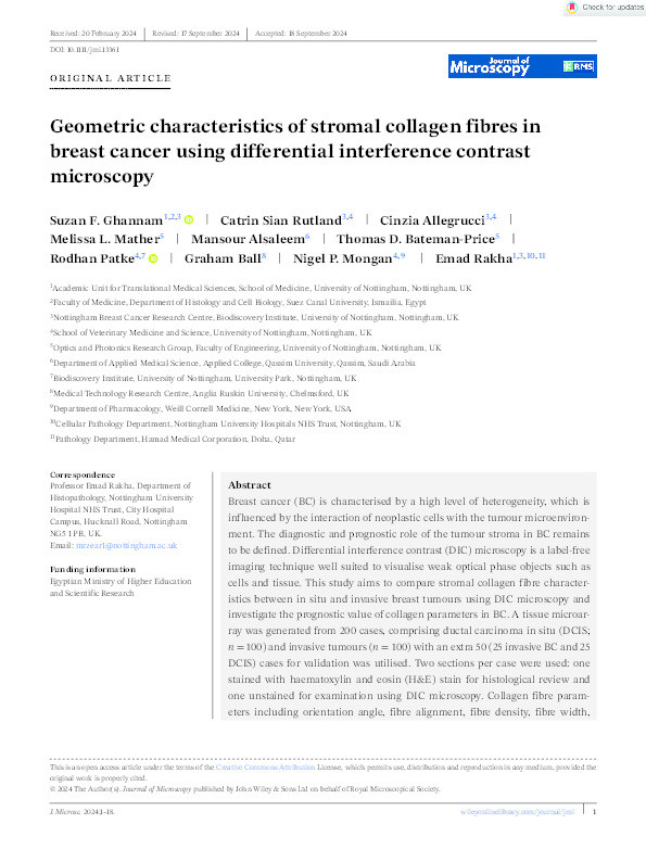 Geometric characteristics of stromal collagen fibres in breast cancer using differential interference contrast microscopy Thumbnail