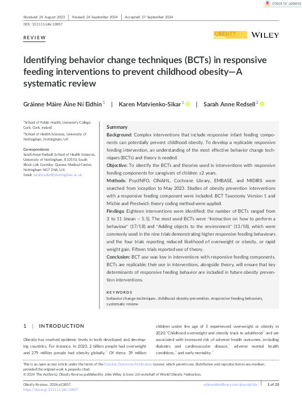 Identifying behavior change techniques (BCTs) in responsive feeding interventions to prevent childhood obesity—A systematic review Thumbnail