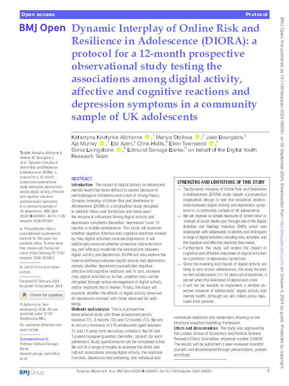 Dynamic Interplay of Online Risk and Resilience in Adolescence (DIORA): a protocol for a 12-month prospective observational study testing the associations among digital activity, affective and cognitive reactions and depression symptoms in a community sample of UK adolescents Thumbnail