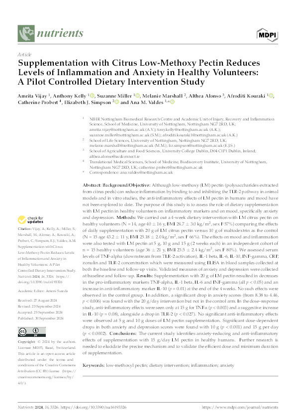 Supplementation with Citrus Low-Methoxy Pectin Reduces Levels of Inflammation and Anxiety in Healthy Volunteers: A Pilot Controlled Dietary Intervention Study Thumbnail