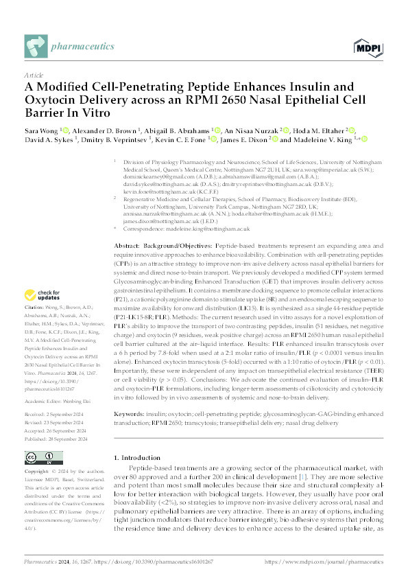 A Modified Cell-Penetrating Peptide Enhances Insulin and Oxytocin Delivery across an RPMI 2650 Nasal Epithelial Cell Barrier In Vitro Thumbnail