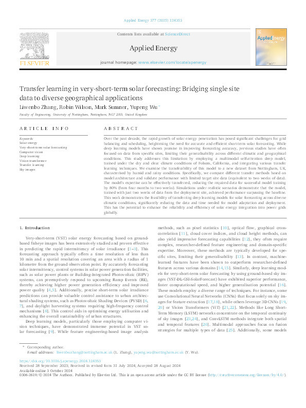 Transfer learning in very-short-term solar forecasting: Bridging single site data to diverse geographical applications Thumbnail