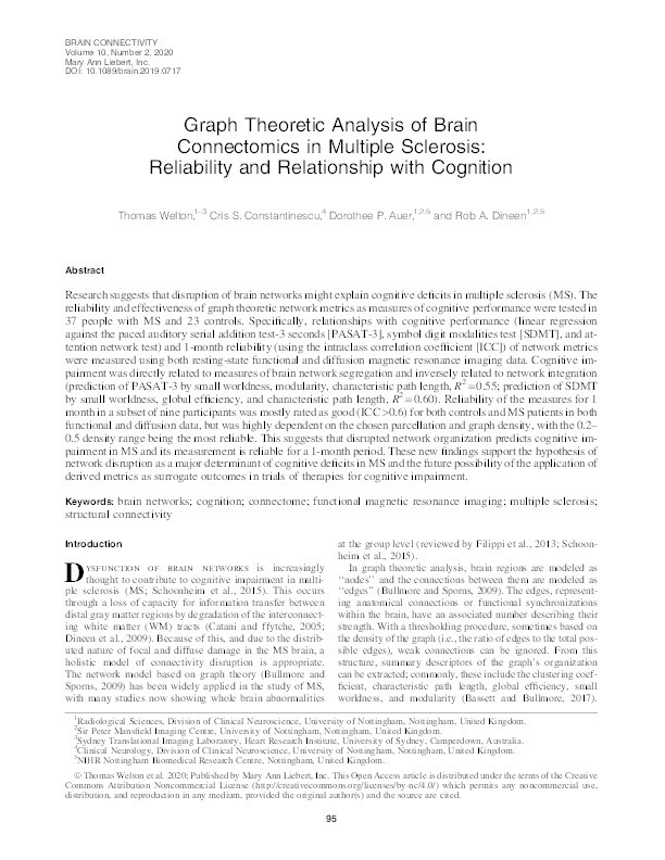 Graph Theoretic Analysis of Brain Connectomics in Multiple Sclerosis: Reliability and Relationship to Cognition Thumbnail