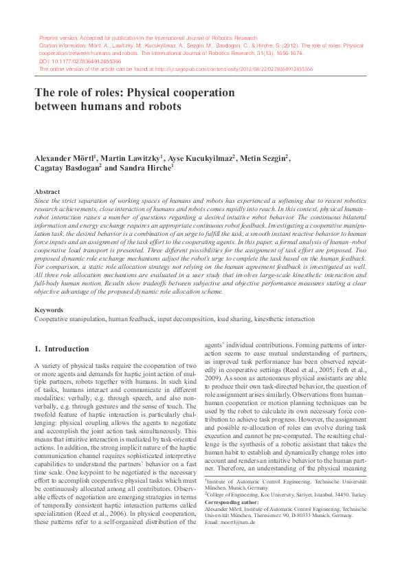 The role of roles: Physical cooperation between humans and robots Thumbnail