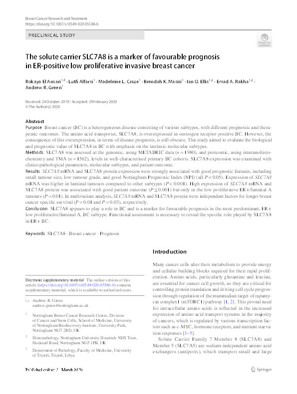 The solute carrier SLC7A8 is a marker of favourable prognosis in ER-positive low proliferative invasive breast cancer Thumbnail