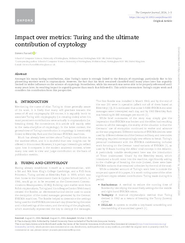 Impact over metrics: Turing and the ultimate contribution of cryptology Thumbnail