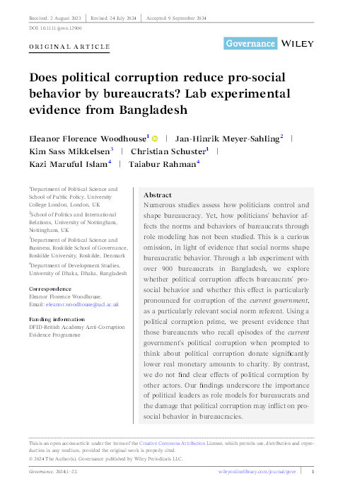 Does Political Corruption Reduce Pro-Social Behavior by Bureaucrats? Lab Experimental Evidence from Bangladesh Thumbnail