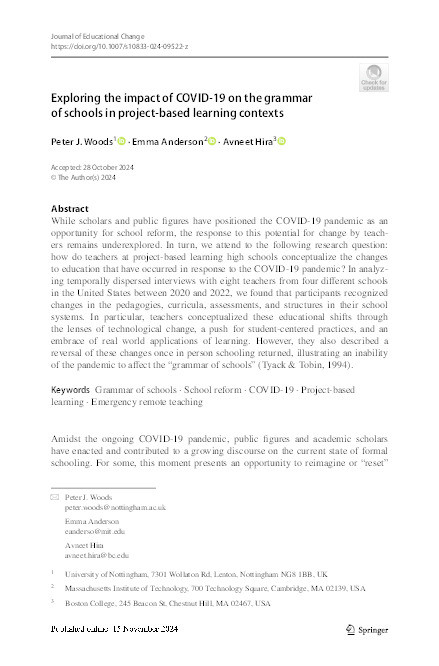 Exploring the impact of COVID-19 on the grammar of schools in project-based learning contexts Thumbnail