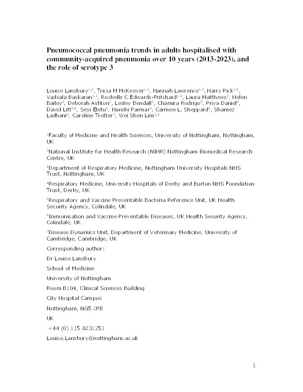 Pneumococcal pneumonia trends in adults hospitalised with community-acquired pneumonia over 10 years (2013-2023) and the role of serotype 3 Thumbnail