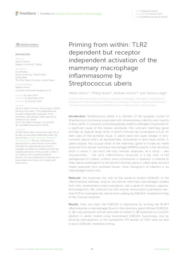 Priming from within: TLR2 dependent but receptor independent activation of the mammary macrophage inflammasome by Streptococcus uberis Thumbnail