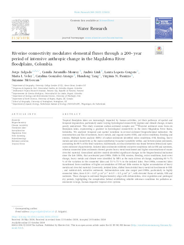 Riverine connectivity modulates elemental fluxes through a 200- year period of intensive anthropic change in the Magdalena River floodplains, Colombia Thumbnail