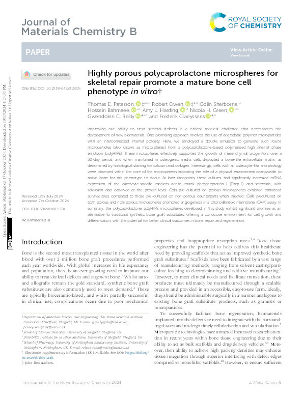 Highly porous polycaprolactone microspheres for skeletal repair promote a mature bone cell phenotype in vitro Thumbnail