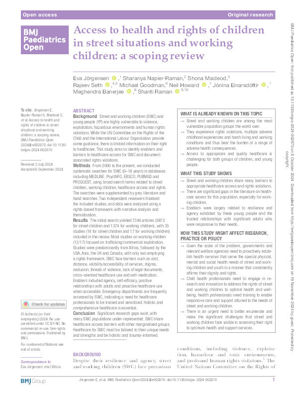 Access to health and rights of children in street situations and working children: a scoping review Thumbnail