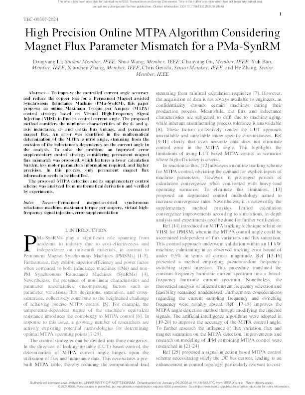 High Precision Online MTPA Algorithm Considering Magnet Flux Parameter Mismatch for a PMa-SynRM Thumbnail