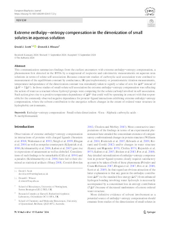 Extreme enthalpy‒entropy compensation in the dimerization of small solutes in aqueous solution Thumbnail