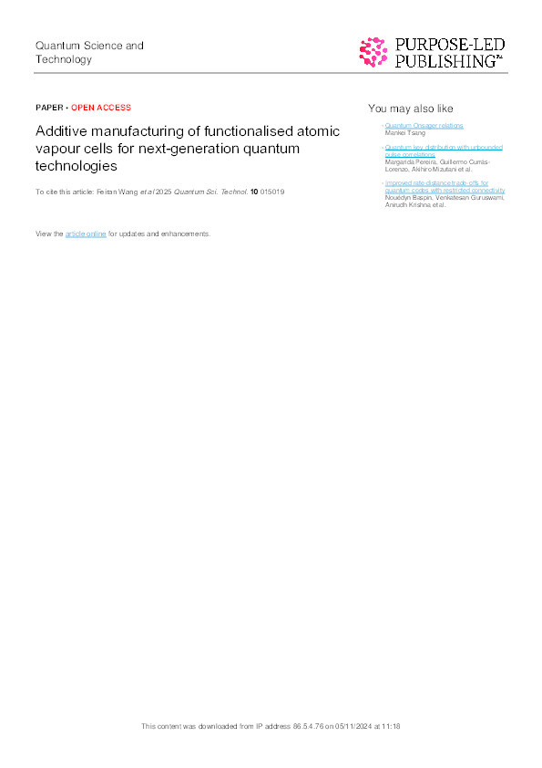 Additive manufacturing of functionalised atomic vapour cells for next-generation quantum technologies Thumbnail