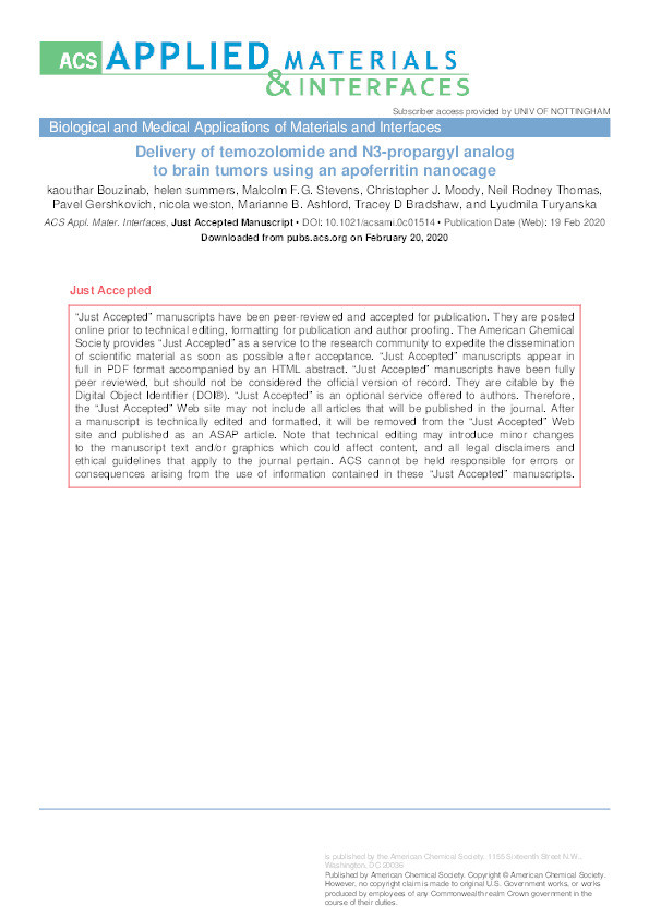 Delivery of temozolomide and N3-propargyl analog to brain tumors using an apoferritin nanocage Thumbnail