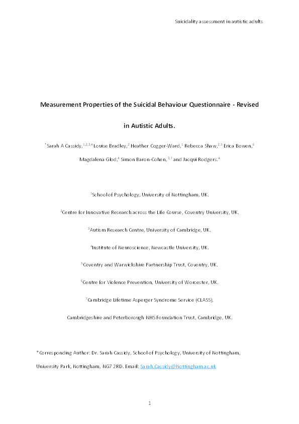 Measurement Properties of the Suicidal Behaviour Questionnaire-Revised in Autistic Adults Thumbnail