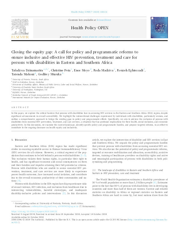 Closing the equity gap: A call for policy and programmatic reforms to ensure inclusive and effective HIV prevention, treatment and care for persons with disabilities in Eastern and Southern Africa Thumbnail