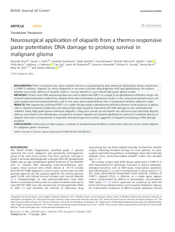 Neurosurgical application of olaparib from a thermo-responsive paste potentiates DNA damage to prolong survival in malignant glioma Thumbnail