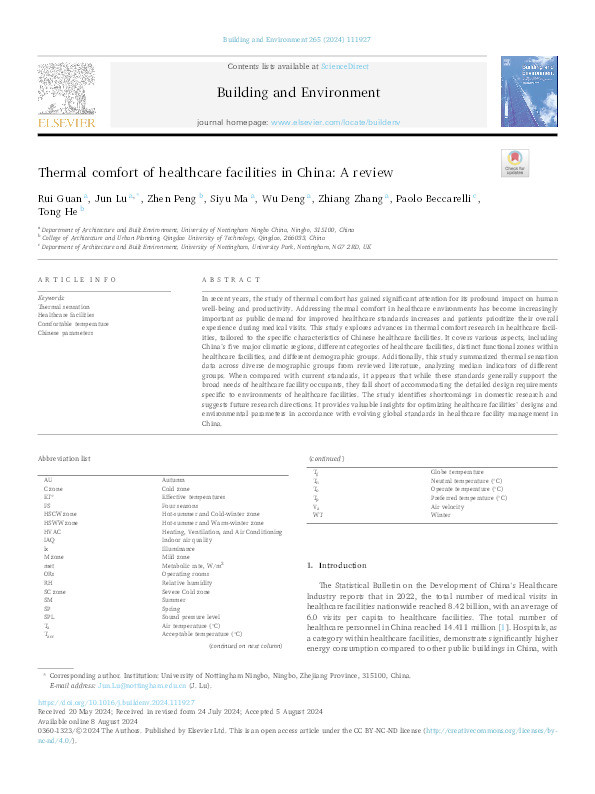 Thermal comfort of healthcare facilities in China: A review Thumbnail