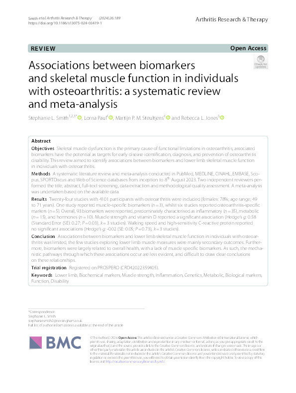 Associations between biomarkers and skeletal muscle function in individuals with osteoarthritis: a systematic review and meta-analysis Thumbnail