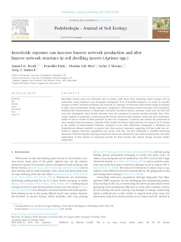 Insecticide exposure can increase burrow network production and alter burrow network structure in soil dwelling insects (Agriotes spp.) Thumbnail