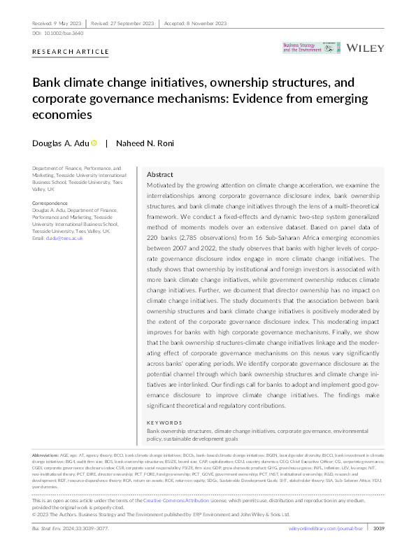 Bank climate change initiatives, ownership structures and corporate governance mechanisms: Evidence from emerging economies Thumbnail