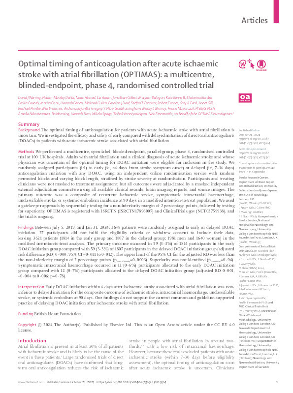 Optimal timing of anticoagulation after acute ischaemic stroke with atrial fibrillation (OPTIMAS): a multicentre, blinded-endpoint, phase 4, randomised controlled trial Thumbnail