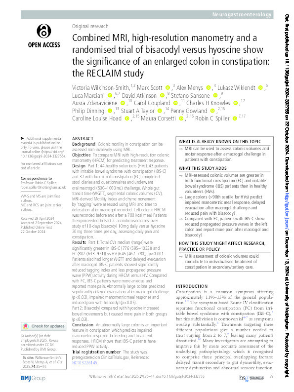 Combined MRI, high-resolution manometry and a randomised trial of bisacodyl versus hyoscine show the significance of an enlarged colon in constipation: the RECLAIM study Thumbnail