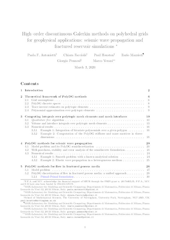 High-Order Discontinuous Galerkin Methods on Polyhedral Grids for Geophysical Applications: Seismic Wave Propagation and Fractured Reservoir Simulations Thumbnail