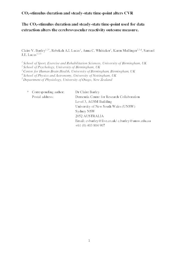 The CO2‐stimulus duration and steady‐state time‐point used for data extraction alters the cerebrovascular reactivity outcome measure Thumbnail