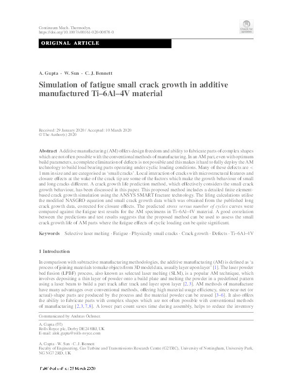 Simulation of fatigue small crack growth in additive manufactured Ti–6Al–4V material Thumbnail