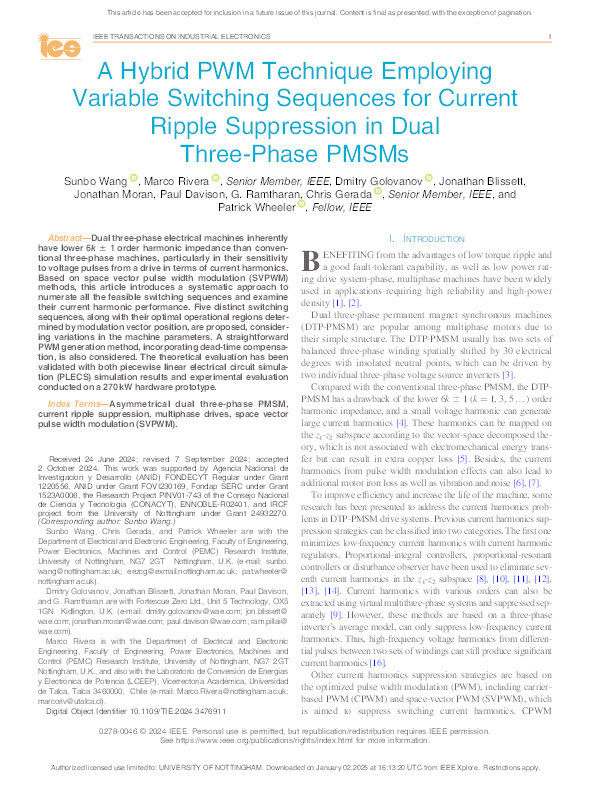 A Hybrid PWM Technique Employing Variable Switching Sequences for Current Ripple Suppression in Dual Three-Phase PMSMs Thumbnail