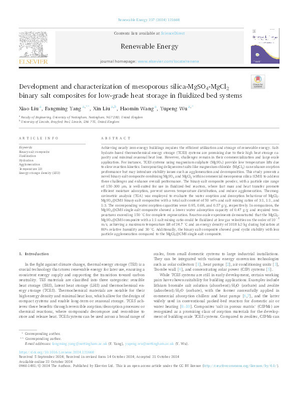 Development and Characterization of Mesoporous Silica-MgSO4-MgCl2 Binary Salt Composites for Low-Grade Heat Storage in Fluidized Bed Systems Thumbnail