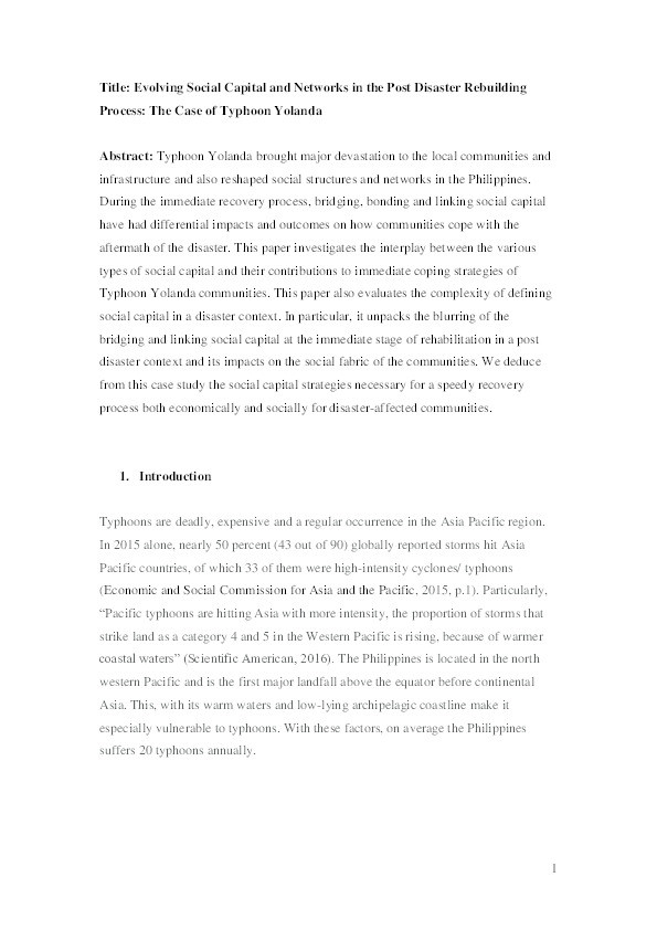 Evolving social capital and networks in the post‐disaster rebuilding process: The case of Typhoon Yolanda Thumbnail