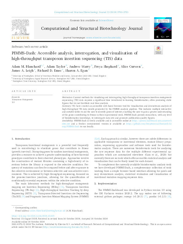 PIMMS-Dash: Accessible analysis, interrogation, and visualisation of high-throughput transposon insertion sequencing (TIS) data Thumbnail