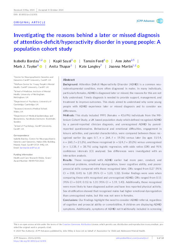 Investigating the reasons behind a later or missed diagnosis of attention-deficit/hyperactivity disorder in young people: A population cohort study Thumbnail