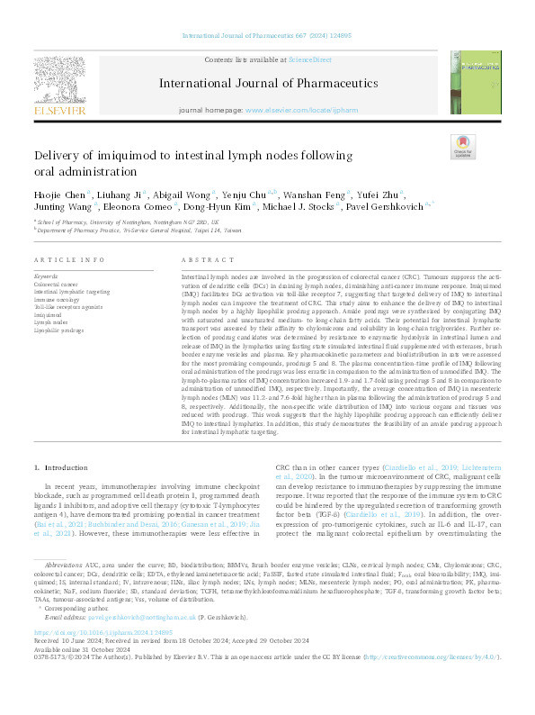 Delivery of imiquimod to intestinal lymph nodes following oral administration Thumbnail