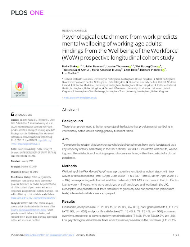 Psychological detachment from work predicts mental wellbeing of working-age adults: findings from the ‘Wellbeing of the Workforce’ (WoW) prospective longitudinal cohort study Thumbnail