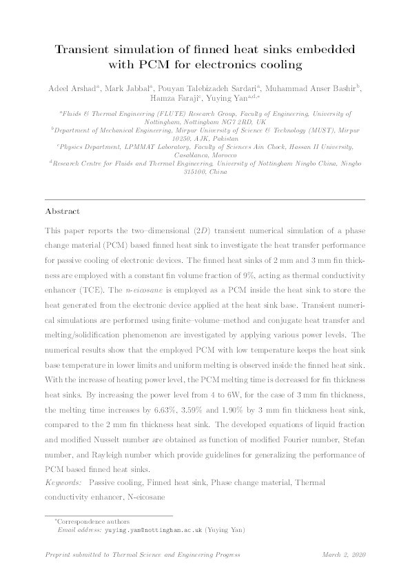 Transient simulation of finned heat sinks embedded with PCM for electronics cooling Thumbnail