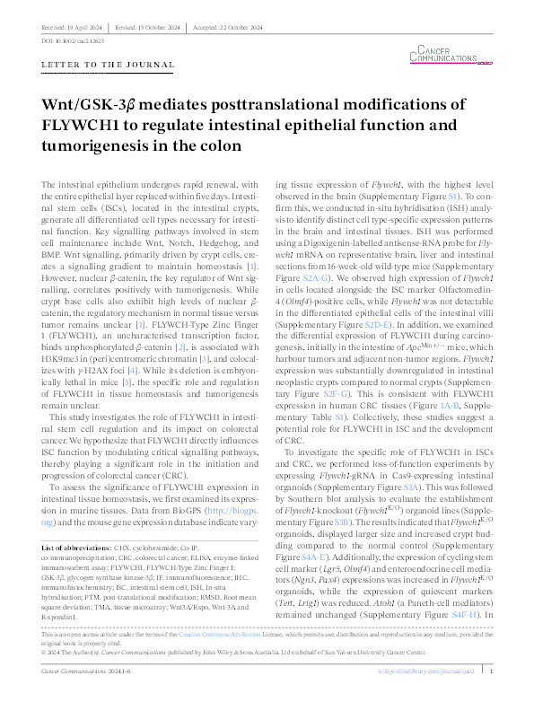 Wnt/GSK-3β mediates posttranslational modifications of FLYWCH1 to regulate intestinal epithelial function and tumorigenesis in the colon Thumbnail