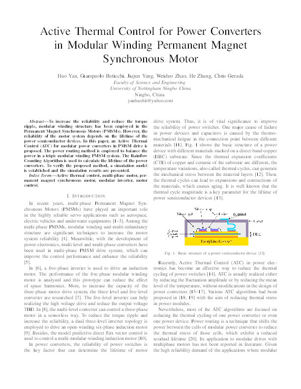 Active Thermal Control for Power Converters in Modular Winding Permanent Magnet Synchronous Motor Thumbnail