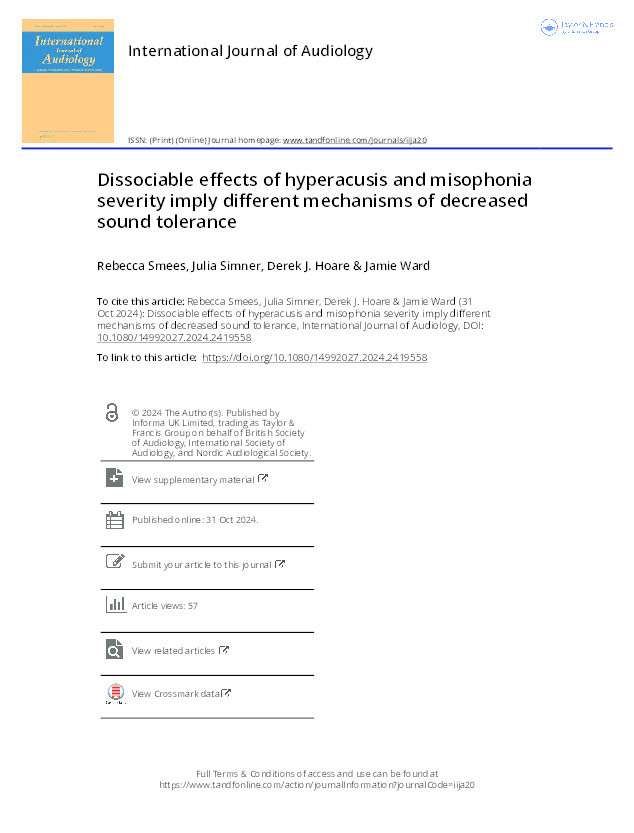 Dissociable effects of hyperacusis and misophonia severity imply different mechanisms of decreased sound tolerance Thumbnail