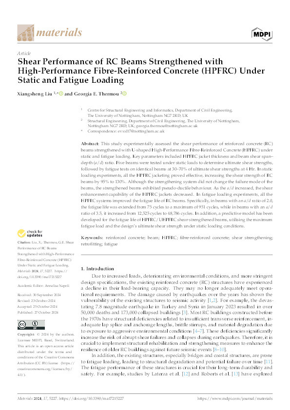 Shear Performance of RC Beams Strengthened with High-Performance Fibre-Reinforced Concrete (HPFRC) Under Static and Fatigue Loading Thumbnail