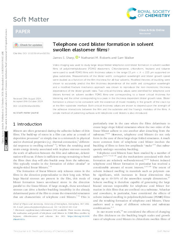 Telephone cord blister formation in solvent swollen elastomer films Thumbnail