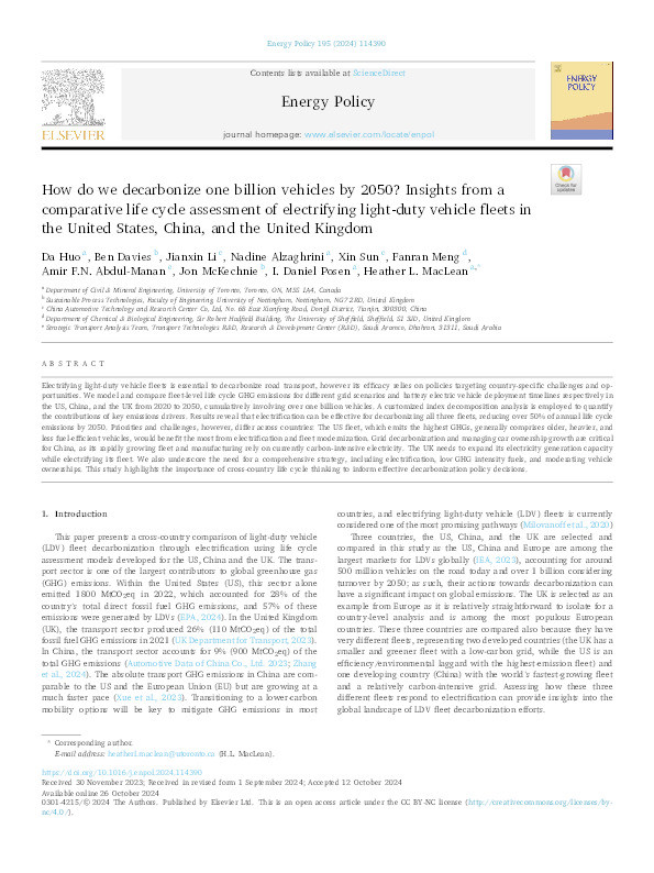 How do we decarbonize one billion vehicles by 2050? Insights from a comparative life cycle assessment of electrifying light-duty vehicle fleets in the United States, China, and the United Kingdom Thumbnail