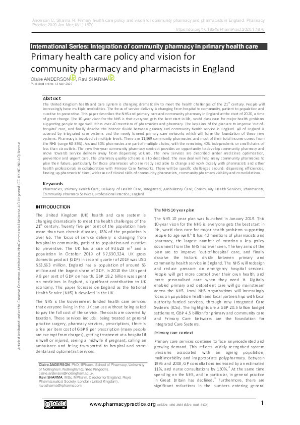 Primary health care policy and vision for community pharmacy and pharmacists in England Thumbnail